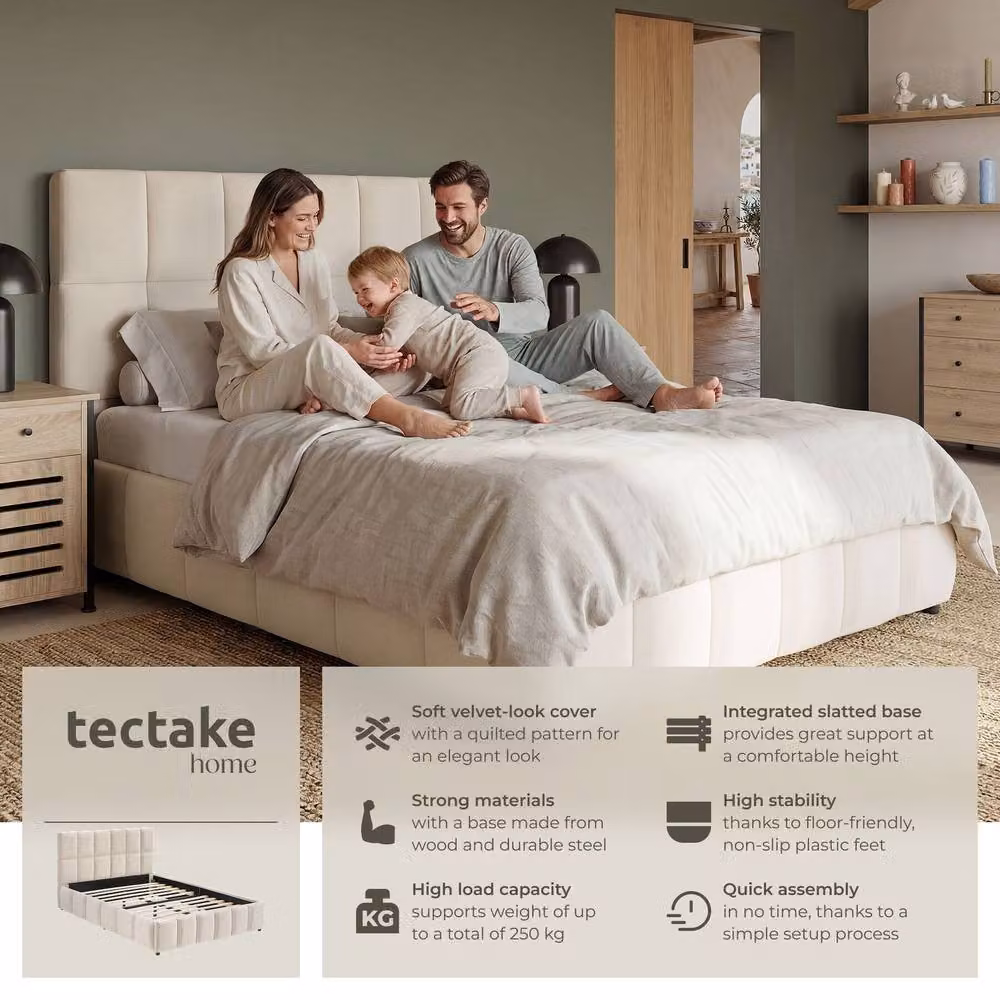 tectake Shirley Upholstered Super King Bed with Slatted Frame and Lift Up Base in Sand, W/D/H: 200 x 193 x 93 cm – 2