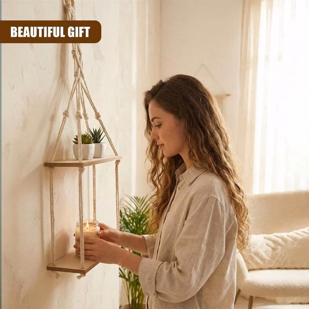PAWNORA 2 Tier Brown Wooden Boho Rope Hanging Wall Mounted Shelf – 4