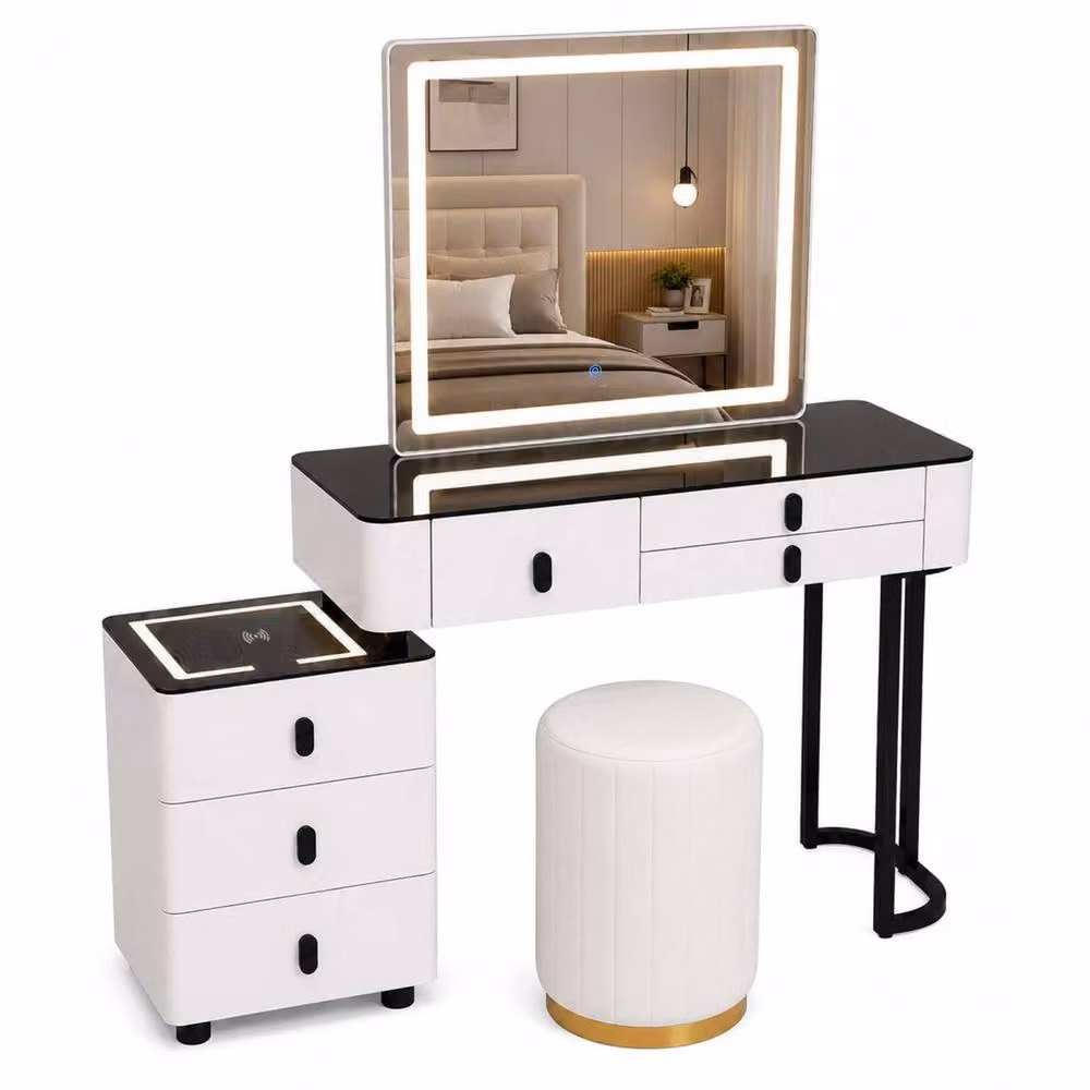MN Furniture Modern Hollywood LED Dressing Table Vanity Set with Stool in White – 2