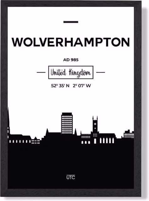ARTZE Wolverhampton Black and White City Skyline Framed Print