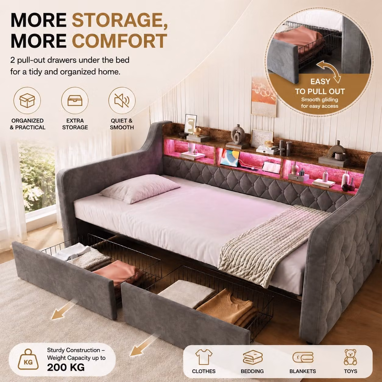 Aosom UK Modern Velvet Single Storage Bed with LED Headboard, USB Charging Port and 2 Drawers, Dark Grey, W/D/H: 107 x 200 x 80 cm – 3