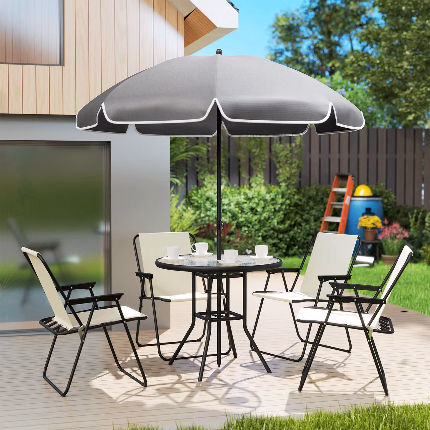 Outsunny 4 Seater Garden Dining Set with Round Glass Top Table and Folding Chairs in White – 4