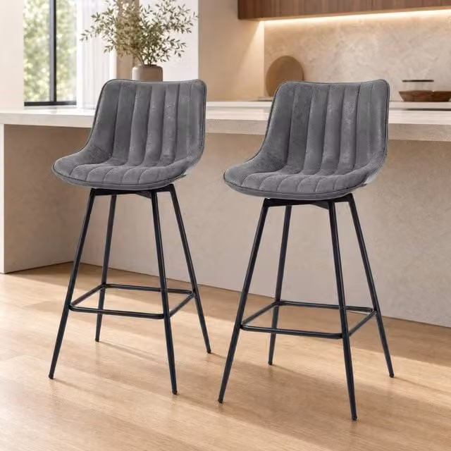 STILVORA Set of 2 Grey Faux Leather Swivel Bar Stools