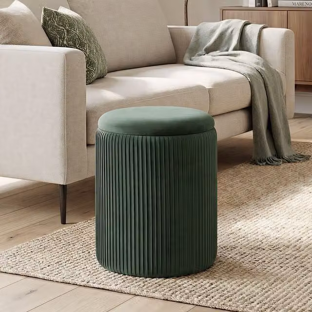 HOMCOM Round Velvet Storage Ottoman with Removable Cover, Green