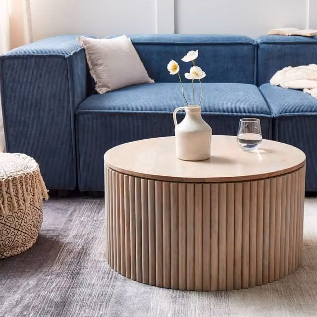 Wyld and Coco Round Mango Wood Coffee Table with Hidden Storage, Brown, Diameter: 70 cm