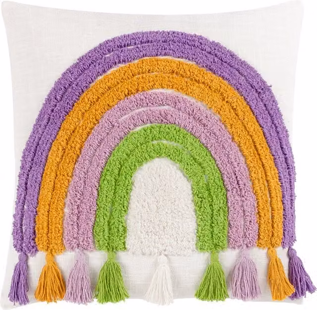 Make It A Home Rainbow Tassels Tufted Square Cushion in White and Multicolour Polyester and Cotton