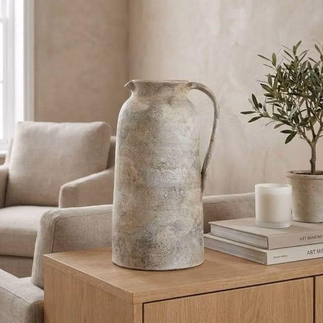 Garden Greatness Rustic Ceramic Jug Vase in Multicolour Beige, H 32.5 x W 20.5 x D 20.5 cm