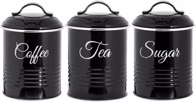 Innoteck 3 Piece Airtight Metal Tea Coffee Sugar Canister Set, Black, 1.3 l per canister