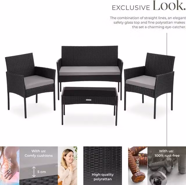 tectake Palese Modern Rattan Garden Furniture Set in Black and Grey