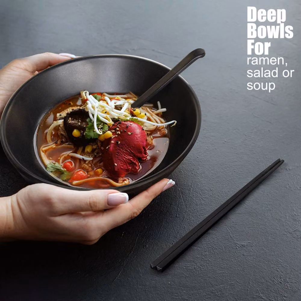 Greentainer Large Japanese Noodle Bowl Set with Chopsticks and Spoons in Black Melamine – 4
