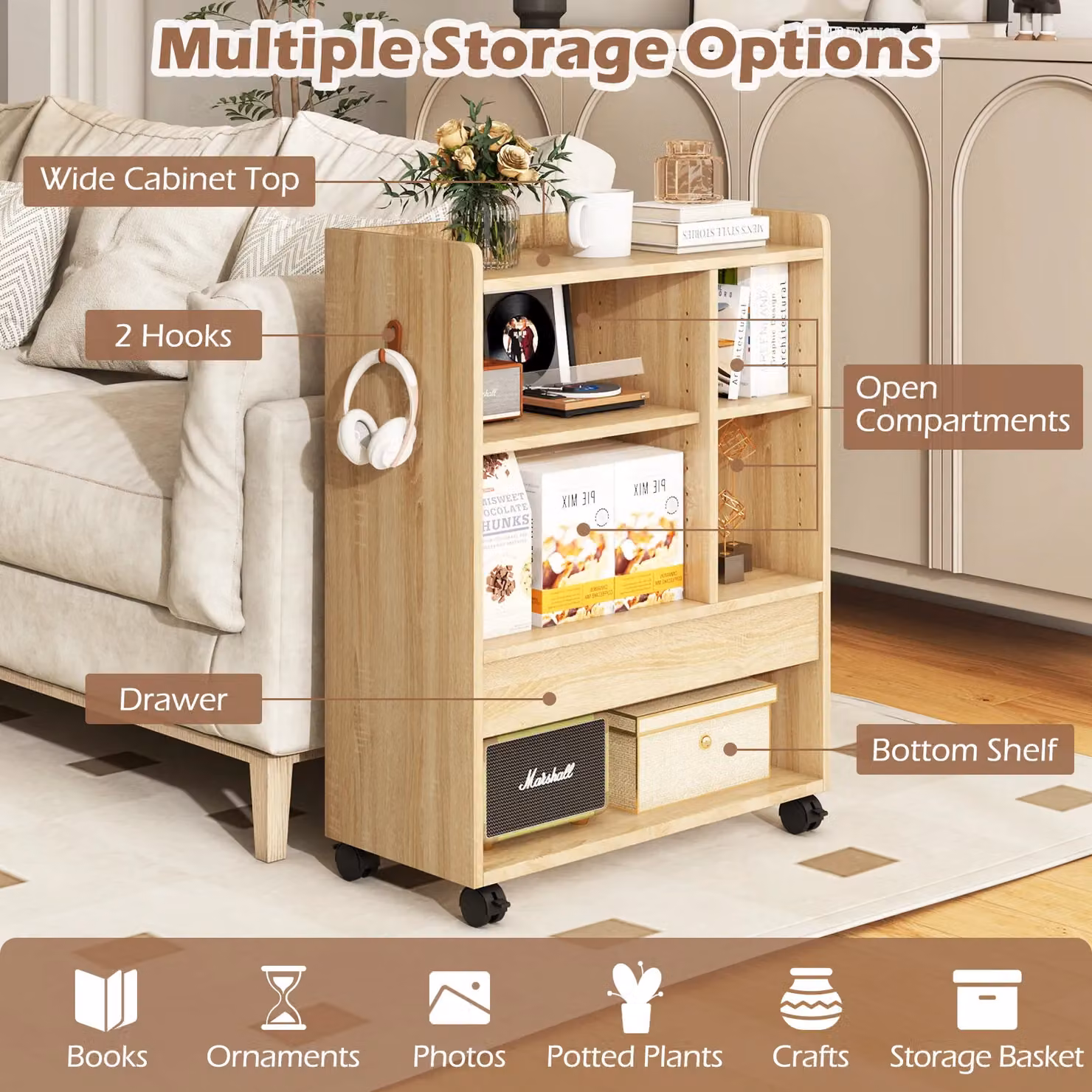 Costway Mobile Storage Cabinet with Drawer and Adjustable Shelves in Natural Wood Finish – 3