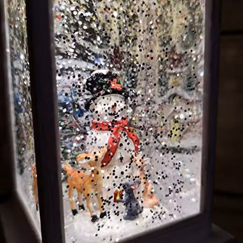 Snowtime Antique Effect Christmas Water Spinner Lantern with Snowman and Animal Scene, White and Silver, Height: 31 cm – 2