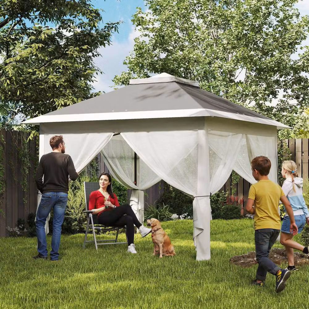 Outsunny Pop Up Gazebo with Double Roof and Mesh Sidewalls in Grey, W: 330 cm, D: 330 cm, H: 288 cm – 2