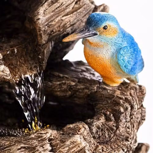 Serenity Cascading Tree Trunk Water Feature with LED Lights and Two Kingfishers in Brown and Blue, Height: 63 cm – 3
