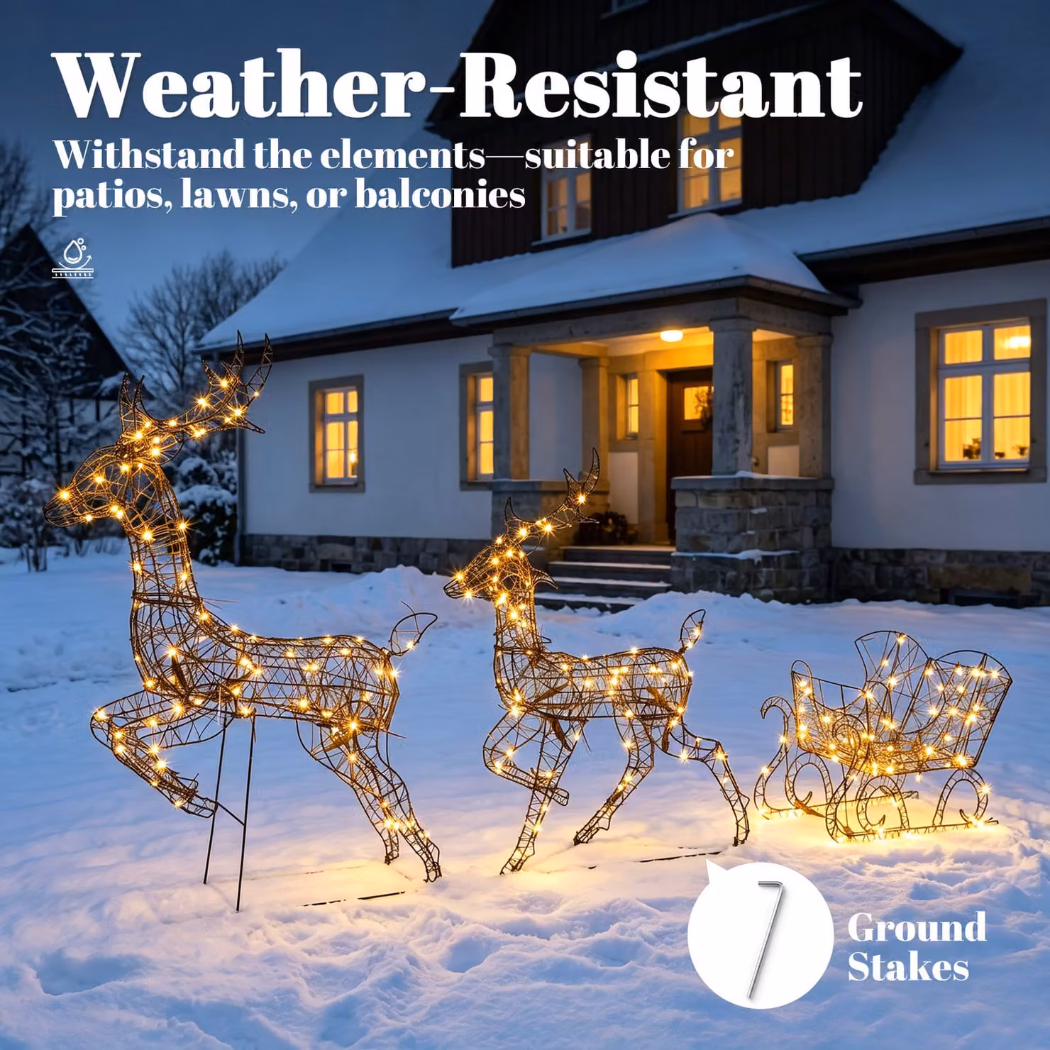 Outsunny 3-Piece Lighted Reindeer and Sleigh Set in Brown and White with Warm White LEDs and Daily Timer – 6