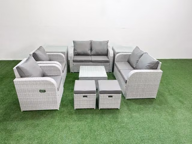 Fimous 8 Seater Rattan Garden Furniture Set in Light Grey with U-Shape Sofa, Coffee Table and Ottomans