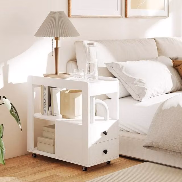 VOGREX White 2-Drawer Narrow Side Table with Castors, W/D/H: 40 x 30 x 62 cm