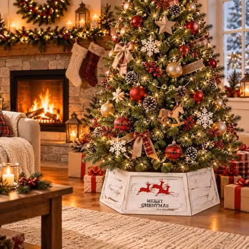 Shatchi White Hexagon Wooden Christmas Tree Collar and Stand Base Cover – 4
