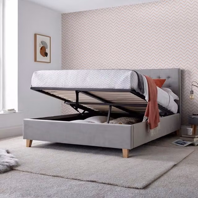 Bedmaster Kingham Grey Velvet Upholstered Ottoman Bed, W/D/H: 120 x 200 cm