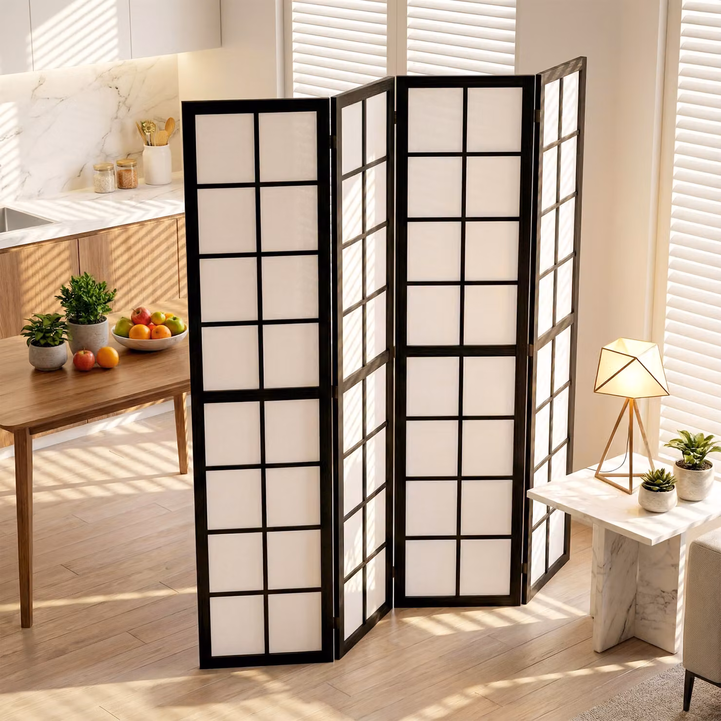 HOMCOM 4 Panel Folding Room Divider, Black Geometric Wood Privacy Screen – 9