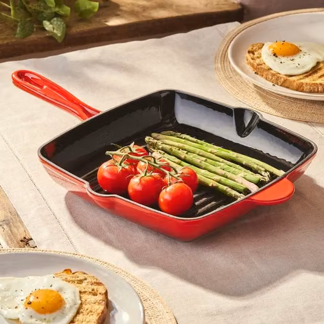Cooks Professional Red Enamelled Cast Iron Square Grill Pan, 26 cm