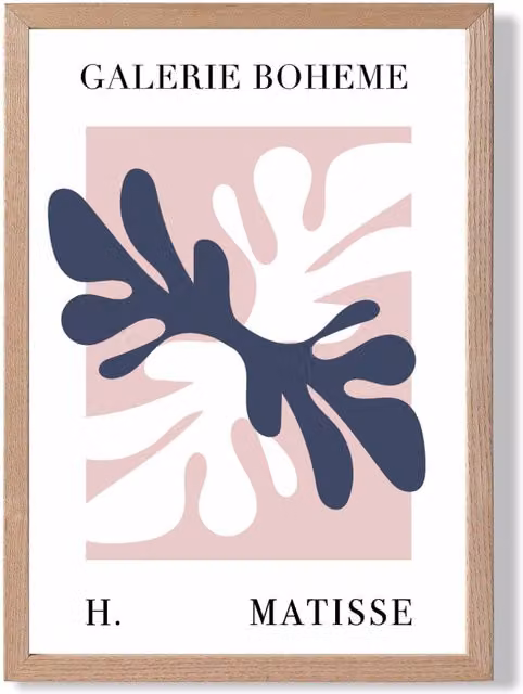ARTZE Matisse Floral Cutout Pink and Blue Bohemian Framed Print with Navy Oak Frame