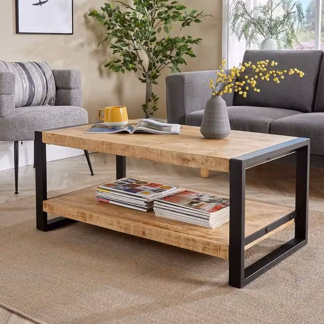 Home Source Industrial Mango Wood Coffee Table with Sturdy Iron Frame in Light Oak