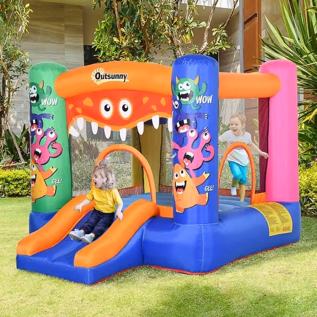 Outsunny 3-in-1 Kids Inflatable Monster House with Slide and Mini Trampoline, Blue and Multicolour