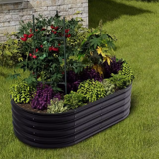 Livingandhome Anthracite Silver Galvanised Steel Oval Raised Garden Bed, 160 cm