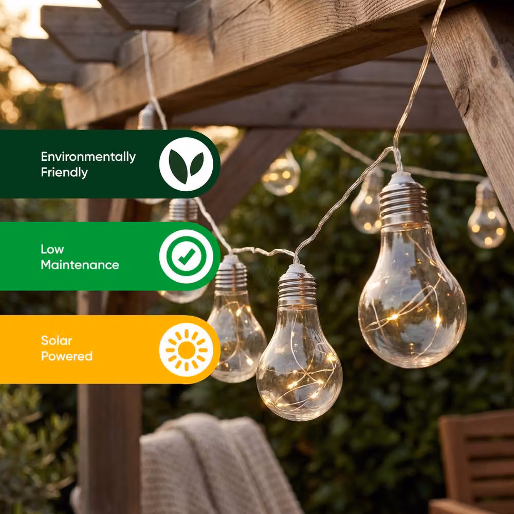 Gardenwize 10 Piece Solar Powered Warm White LED Micro Bulb String Lights in Silver with Glass Bulbs – 4