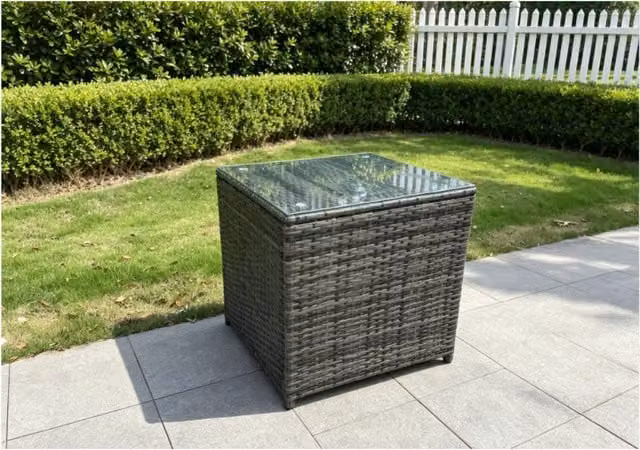 Fimous Modern Rattan Cube Side Table in Dark Grey with Galvanised Steel and Glass