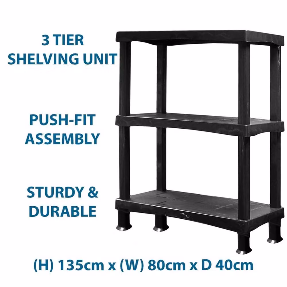 Nordara 3 Tier Plastic Shelving Unit Storage Organiser in Black – 3