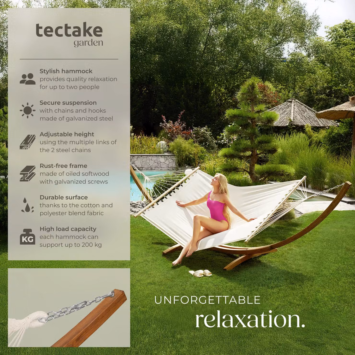 tectake Thorsten 2 Seater Hammock with Stand in White, featuring Oiled Larch Wood and Metal Frame – 2