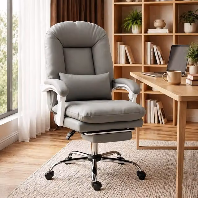 STILVORA Grey Faux Leather Executive Office Chair with Headrest and Footrest – 1