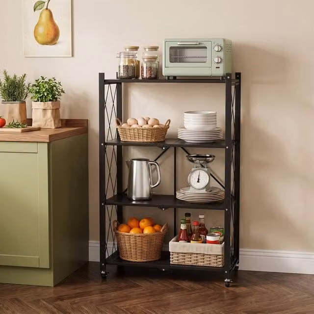 FORGEVIO Black 4-Tier Foldable Metal Storage Rack, W/D/H: 71 x 34 x 124 cm