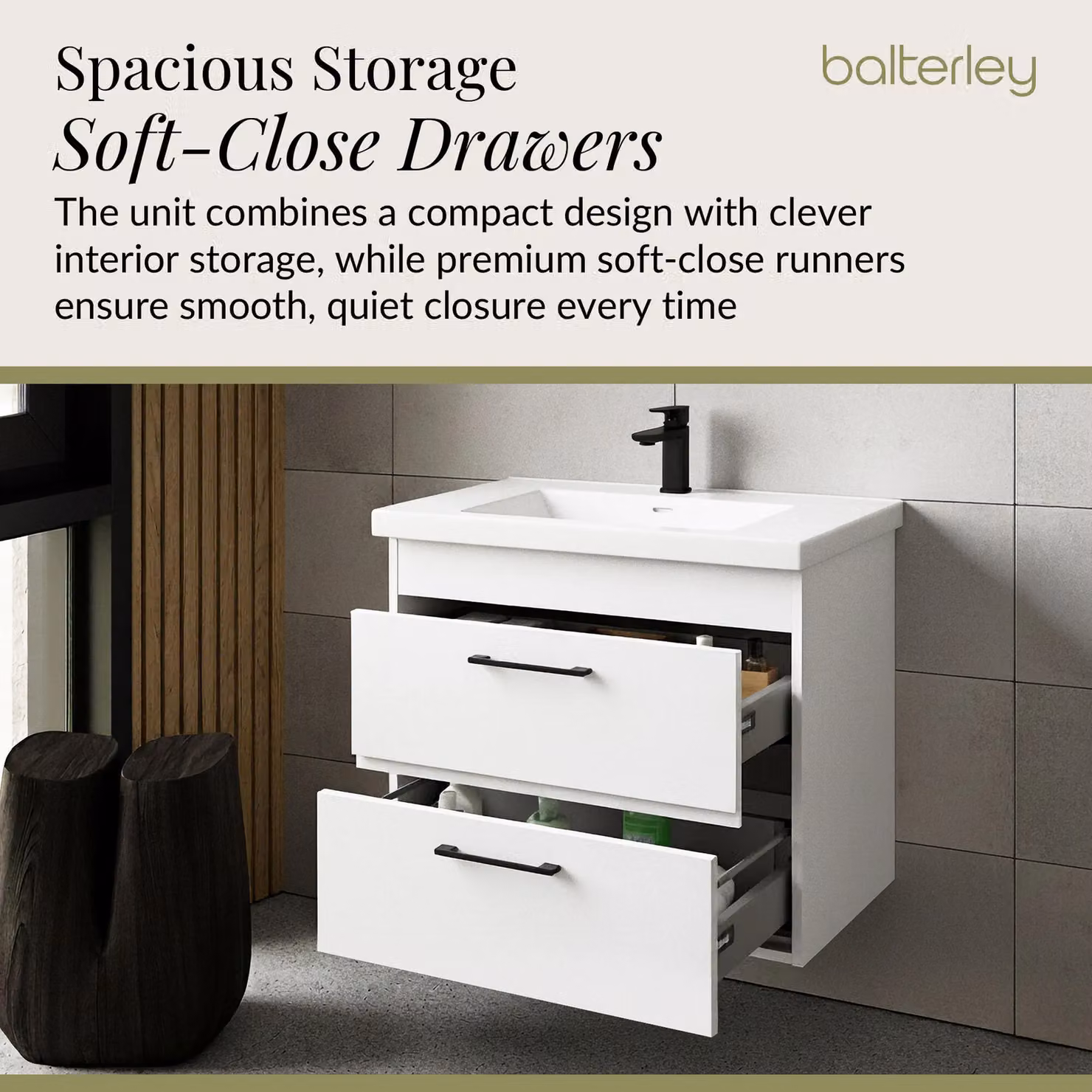 Balterley 2 Drawer Wall Hung Bathroom Vanity Basin Unit in White with Black Handles, Width: 60 cm – 3