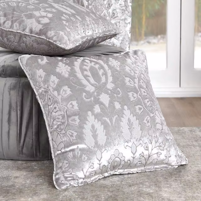 Terrys Silver Floral Velvet Square Filled Cushion W/D/H: 43 x 43 x 43 cm