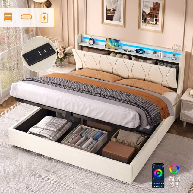 Matteo King Beige Upholstered Bed Frame with Hydraulic Storage, Smart LED Lighting and USB Charging Port, W/D/H: 180 x 200 cm
