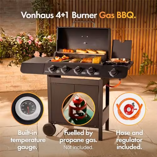 VonHaus Black Gas BBQ with 4+1 Burners, Side Burner, Warming Rack, Thermometer and Storage Cart – 3
