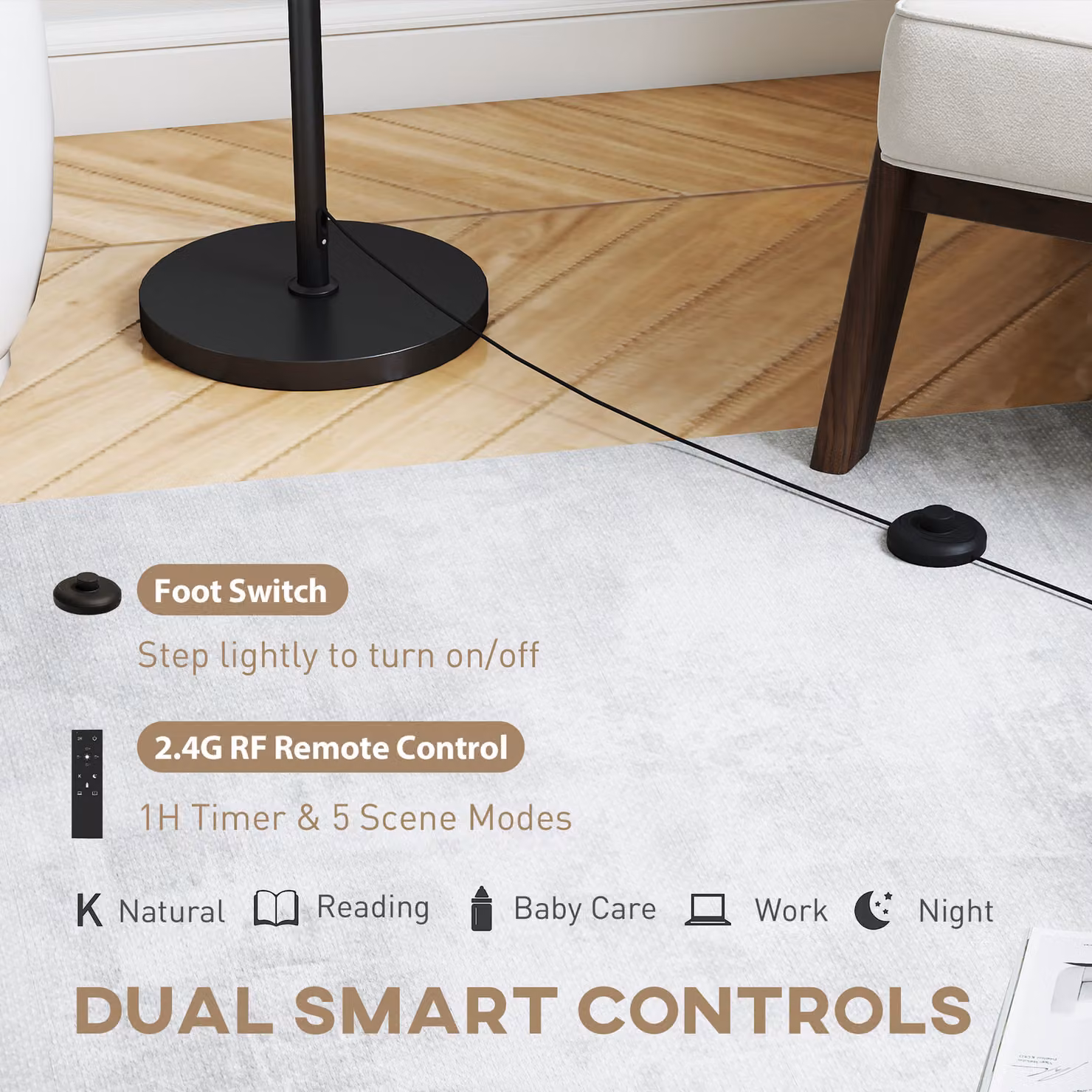 HOMCOM Black Dimmable Floor Lamp with Remote Control, Height Adjustable Standing Lamp with Fabric Shade and Foot Switch for Living Room, Bedroom or Office – 4