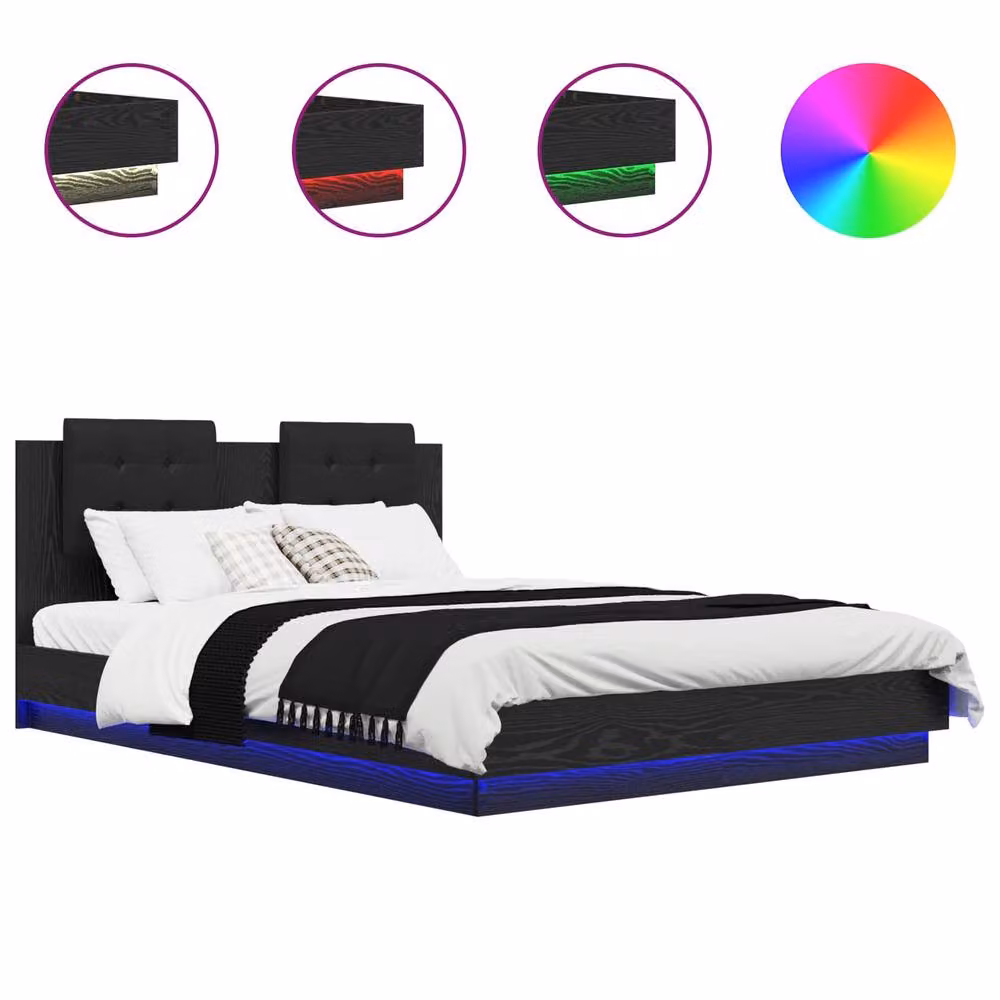 Berkfield Home Modern Bed Frame with Headboard and Under-Bed Lighting in Black Oak, W/D/H: 160 x 200 cm – 2