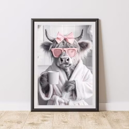 60 Second Makeover Highland Cow Pink Bow Animal Print Paper Poster, A3