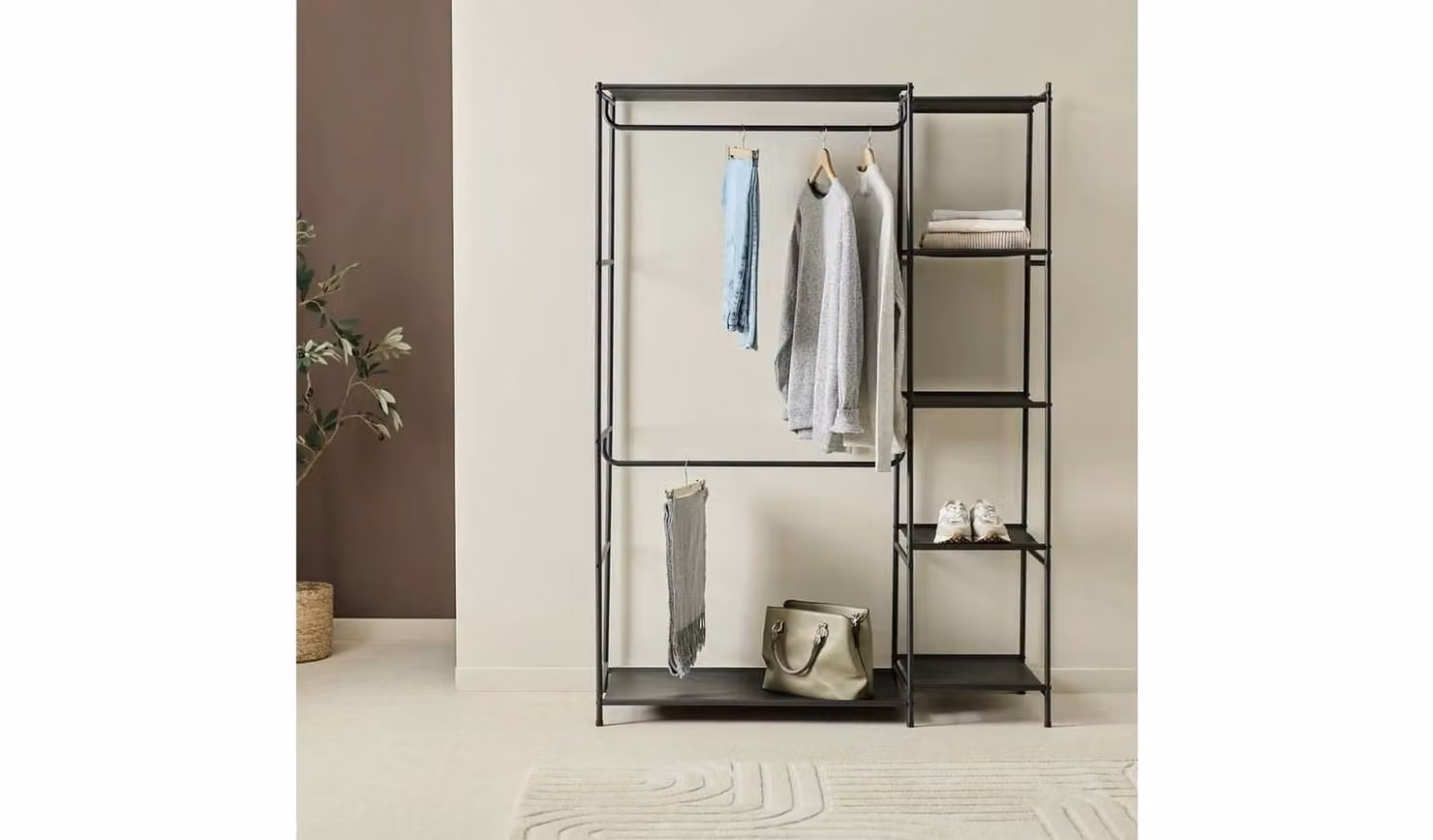 Spencer Black Industrial Metal Wardrobe with 2 Rails and 4 Shelves, H 170 x W 120 x D 45 cm