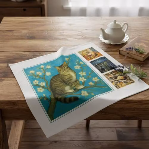 Purely Home Van Gogh Cats Artwork Inspired Panama Cotton Kitchen Tea Towel, Multicolour, W: 67 cm x H: 45 cm – 2