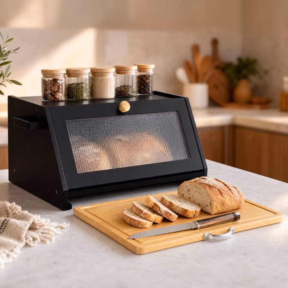 Toque 2-Tier Bamboo Bread Box and Storage Holder with Cutting Board Lid, Black – 2
