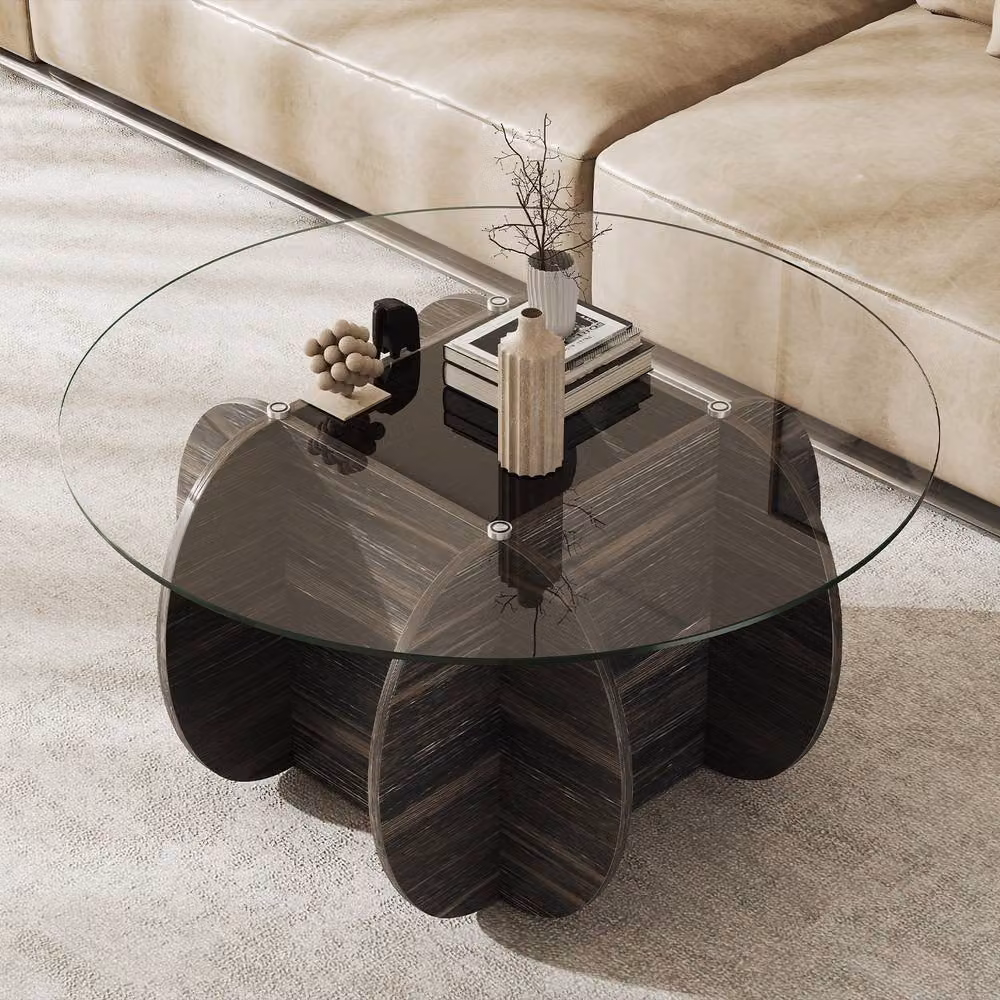 Gymax Round Coffee Table with Glass Top and Storage in Black, Diameter: 89 cm – 5