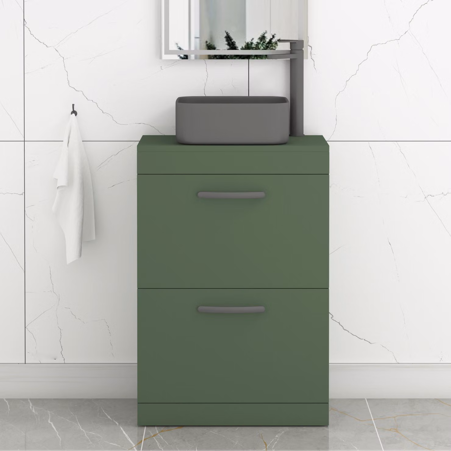 Royal Bathrooms Turin 800mm Floor Standing 2 Drawer Vanity Unit in Matt Green with Art Square Countertop Basin and Matt Black Handles