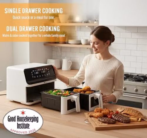 PureMate 9L Dual Basket Air Fryer in White with Digital Display and 2500W Power – 5