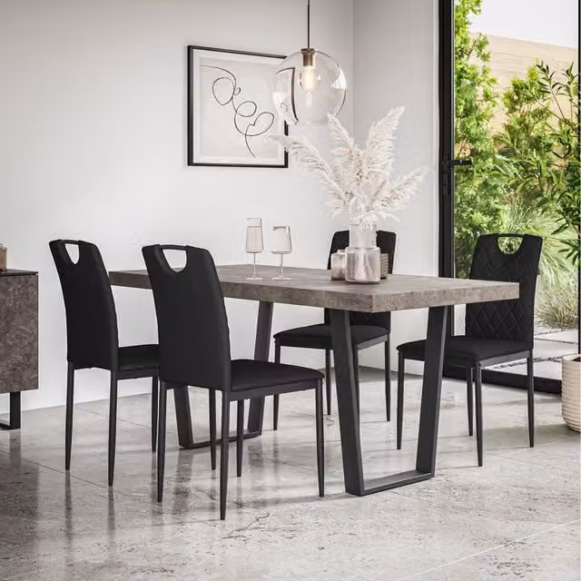 More4Homes Aria Dining Table and 6 Monza Faux Leather Chairs in Concrete Effect Grey and Black, H: 76 cm, W: 160 cm, D: 80 cm