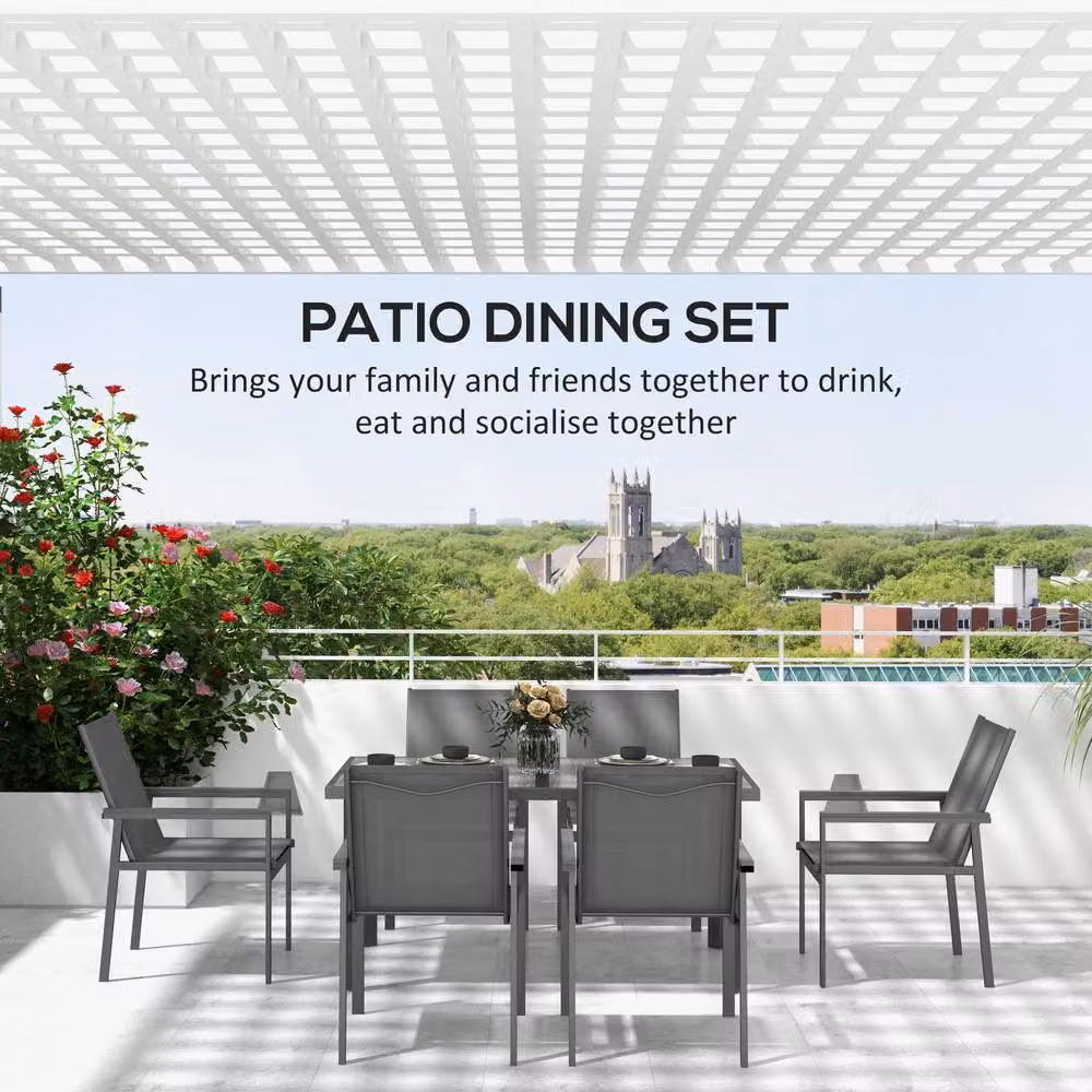 STILVORA 7-Piece Modern Dining Set with Grey Tempered Glass and Metal Top – 4